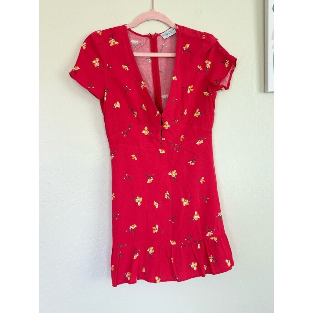 Dress Forum Red Floral Milkmaid Mini Sun Dress Ruffle Hem Cottagecore S